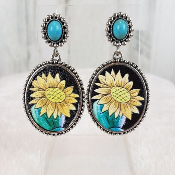 Turquoise Sunflower Earrings - Picture 1 of 2